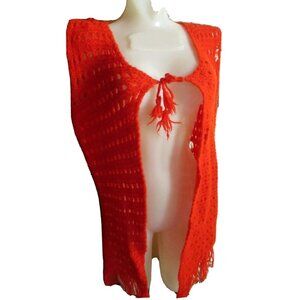 Vintage 1970s Orange Net Shawl Womens Medium Cape Sweater Mod Hippy